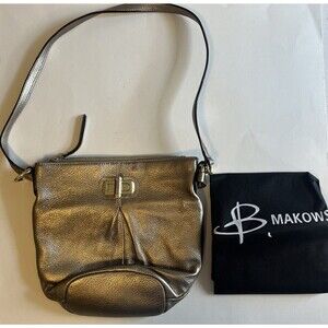 B. Makowsky Shoulder Bag Purse Gold Metallic Leather Turn Lock Bucket Dust Bag